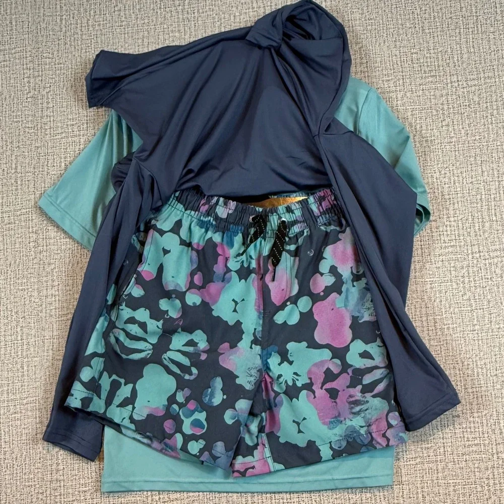 NWT Quiksilver Boys 3-Piece Swim Set‎ Rash Guards & Trunk Shorts UPF 50 Sz 7/8